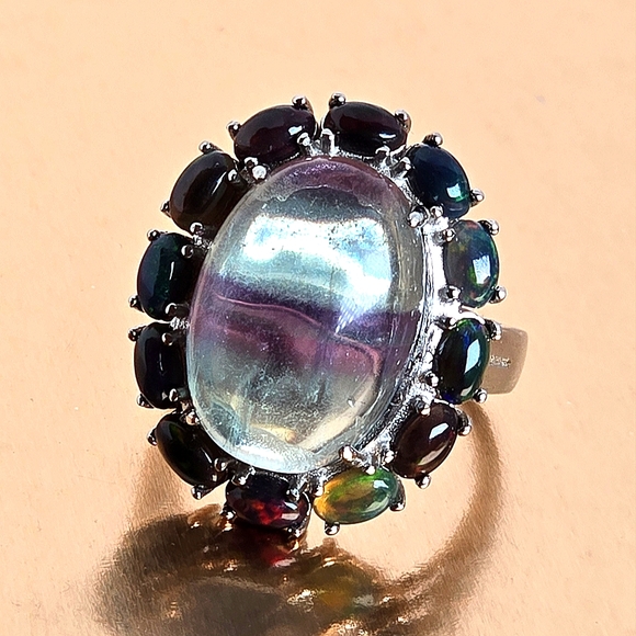 Natural Fluorite & Black Opal 925 Sterling Silver Ring Sz 7.25 - Picture 5 of 14